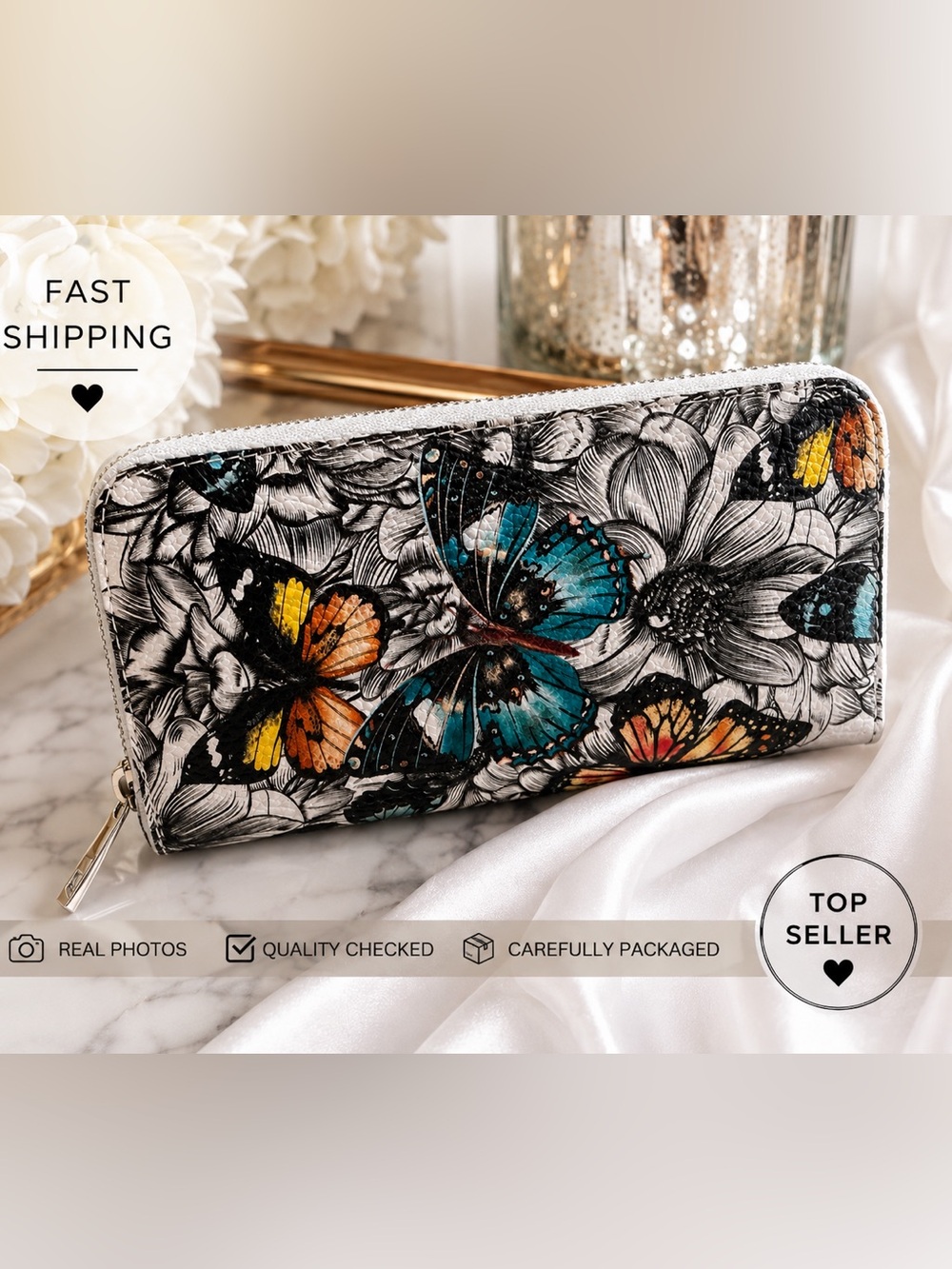 Made in Italy leather Butterfly Garden Zip Wallet Floral Art Print Wallet